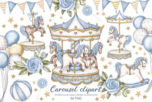 Blue Watercolor Carousel Horse Clipart