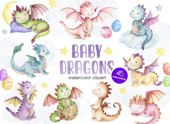 Cute Baby Dragons Watercolor Clipart