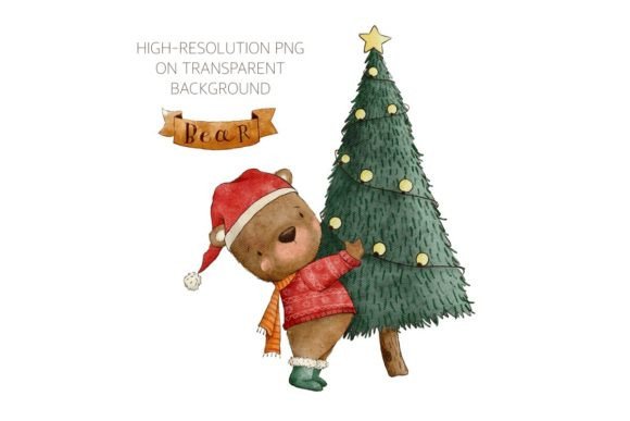 Watercolor Baby Bear and Christmas Tree Art