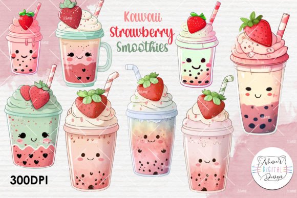 Watercolor Kawaii Strawberry Smoothies Art